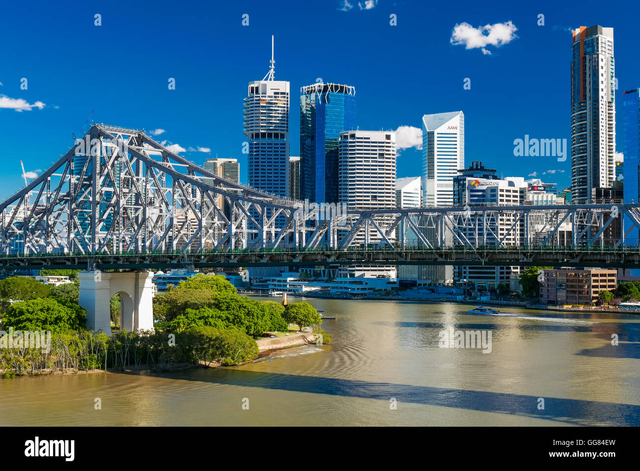 BRISBANE, AUS - JUN 7 2016: Panoramic view of Brisbane Skyline with Story Bridge and the river. It is Australias third largest c Stock Photo
