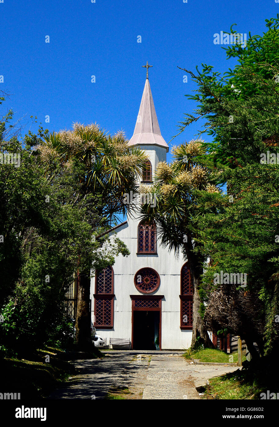 Exterior of the former Iglesia de la Inmaculada Concepcion, which now houses the Museo de las Iglesias de Chiloe, Ancud, Chile Stock Photo