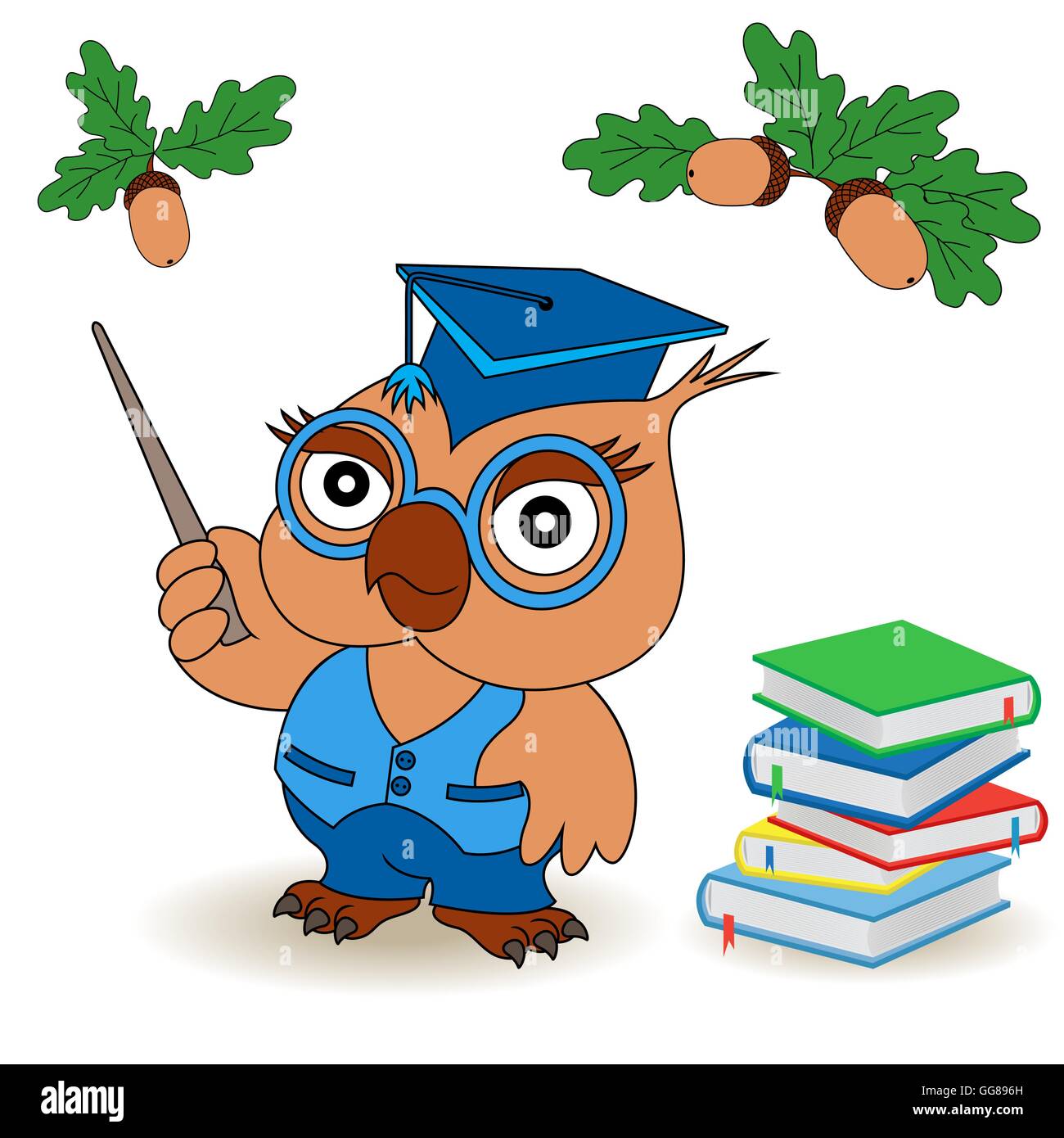 Professor Owl in glasses and in mortarboard with pointer near the book stack, cartoon vector childish illustration Stock Vector
