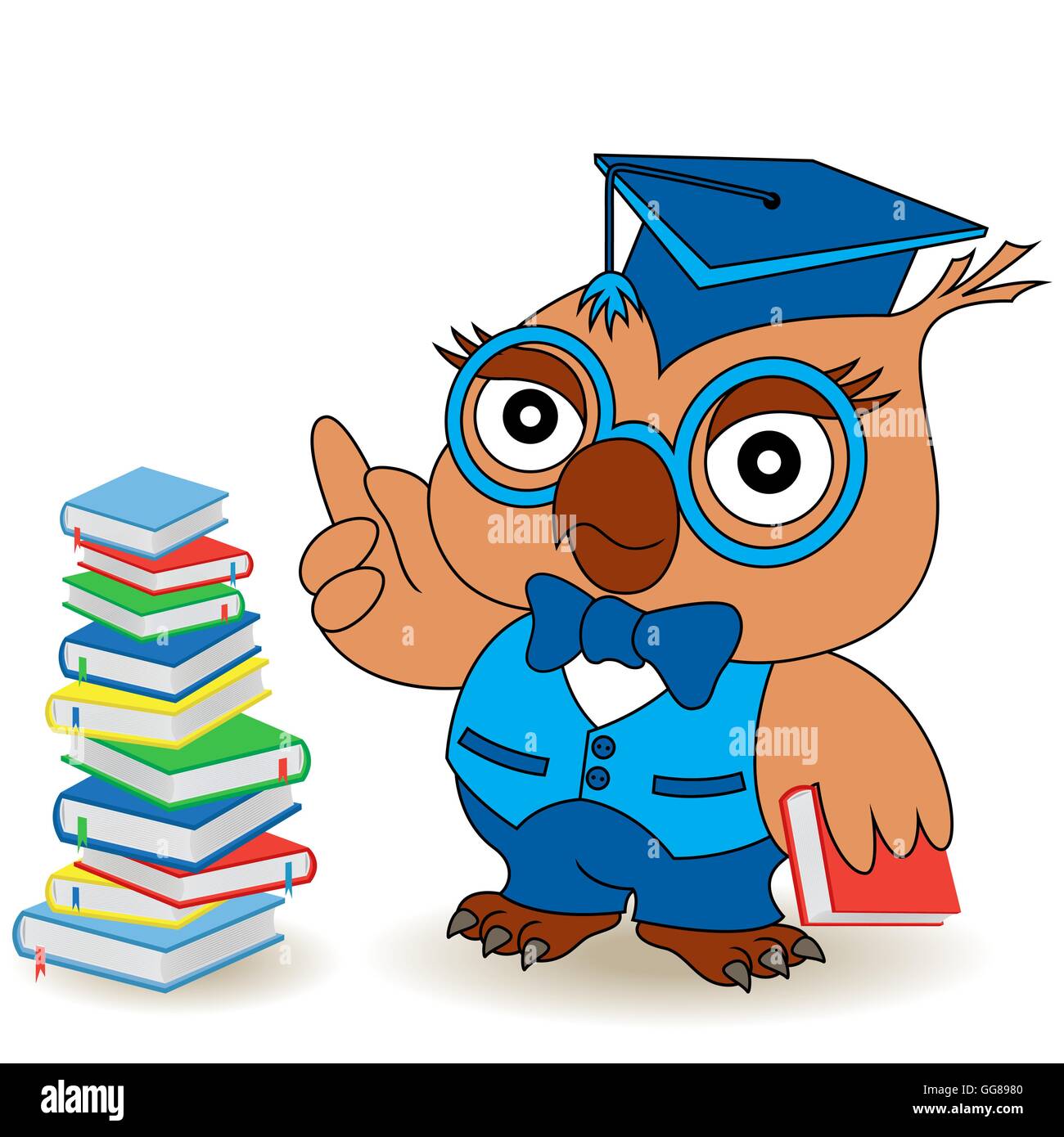 Serious Teacher Owl in glasses and in mortarboard near the book stack, cartoon vector childish illustration Stock Vector