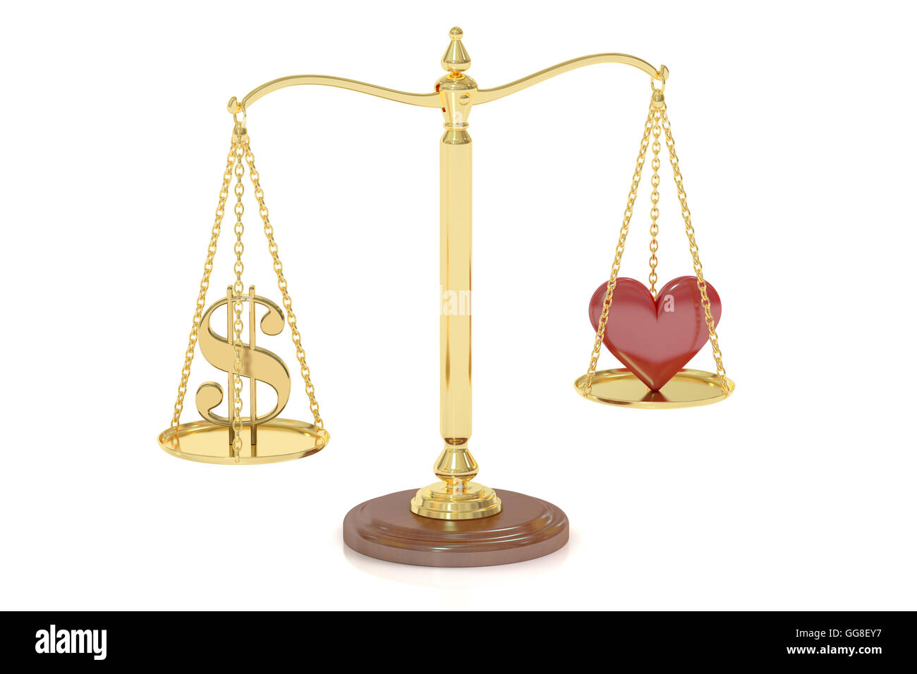 Love or Money concept with scales, 3D rendering isolated on white