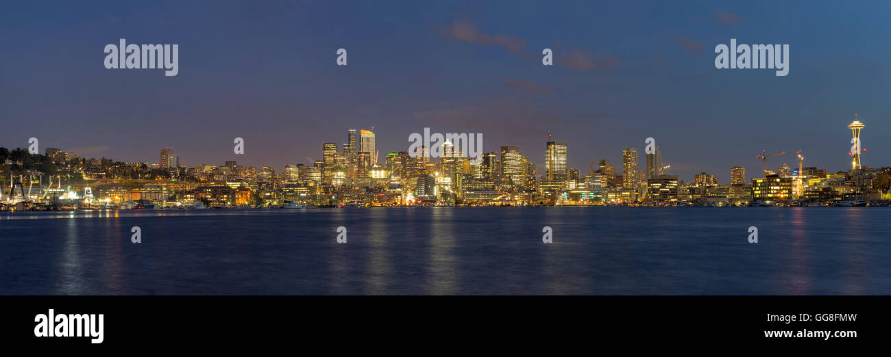Seattle Washington City Skyline by Lake Union during evening panorama Stock Photo