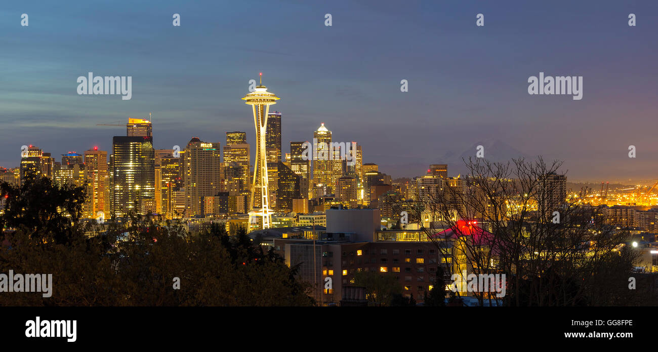 Seattle Washington City Skyline with Mount Rainier during evening panorama Stock Photo