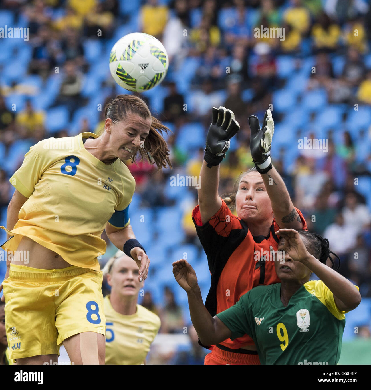 Rio De Janeiro, Brazil. 3rd Aug, 2016. Schelin Lotta of Sweden (1st L) competes during the opening match of the women's Olympic football competitions between South Africa and Sweden at the Olympic Stadium in Rio de Janeiro, Brazil, Aug. 3, 2016. Sweden won 1-0. © Qi Heng/Xinhua/Alamy Live News Stock Photo