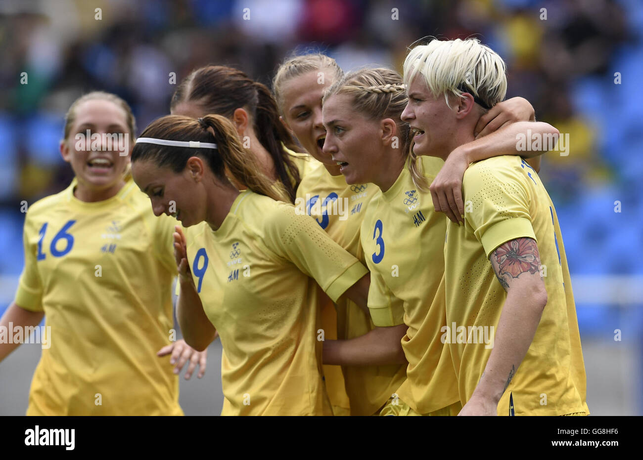 Rio De Janeiro, Brazil. 3rd Aug, 2016. Fischer Nilla of Sweden (1st R) celebrates scoring with her teammates during the opening match of the women's Olympic football competitions between South Africa and Sweden at the Olympic Stadium in Rio de Janeiro, Brazil, Aug. 3, 2016. Sweden won 1-0. © Qi Heng/Xinhua/Alamy Live News Stock Photo