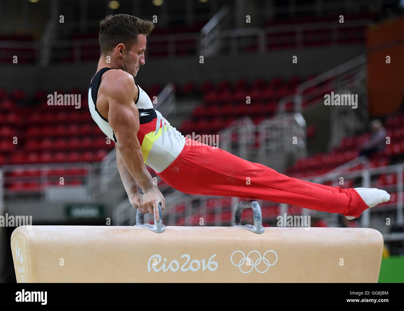 Rio de Janeiro, Brazil. 3rd Aug, 2016. Andreas Bretschneider of Germany in action during a training session of the mens' Artistic Gymnastics on pommel horse at Olympic Arena in Barra prior to the Rio 2016 Olympic Games in Rio de Janeiro, Brazil, 3 August 2016. Rio 2016 Olympic Games take place from 05 to 21 August. Photo: Bernd Thissen/dpa/Alamy Live News Stock Photo