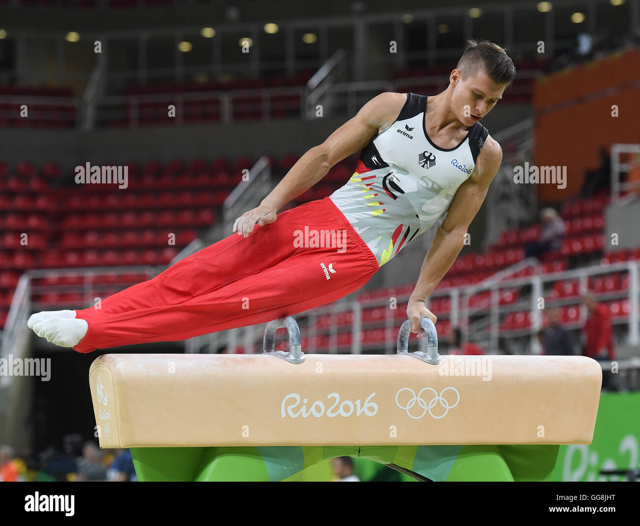Rio de Janeiro, Brazil. 3rd Aug, 2016. Lukas Dauser of Germany in action during a training session of the mens' Artistic Gymnastics on pommel horse at Olympic Arena in Barra prior to the Rio 2016 Olympic Games in Rio de Janeiro, Brazil, 3 August 2016. Rio 2016 Olympic Games take place from 05 to 21 August. Photo: Bernd Thissen/dpa/Alamy Live News Stock Photo