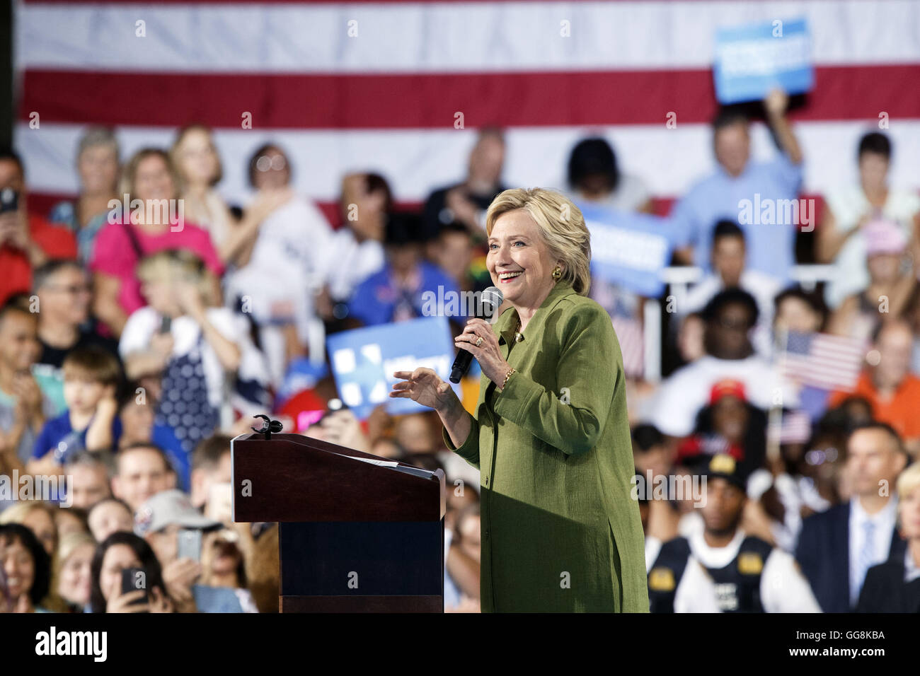 Tampa, Florida, USA. 22nd July, 2016. Hillary Clinton, presumptive 2016 Democratic presidential nominee, speaks during a campaign event in Tampa, Florida, U.S., on Friday, July 22, 2016. Clinton unveiled her choice of a running mate Friday night, seeking to recapture the attention of voters. © 2016 Patrick T. Fallon © Patrick Fallon/ZUMA Wire/Alamy Live News Stock Photo