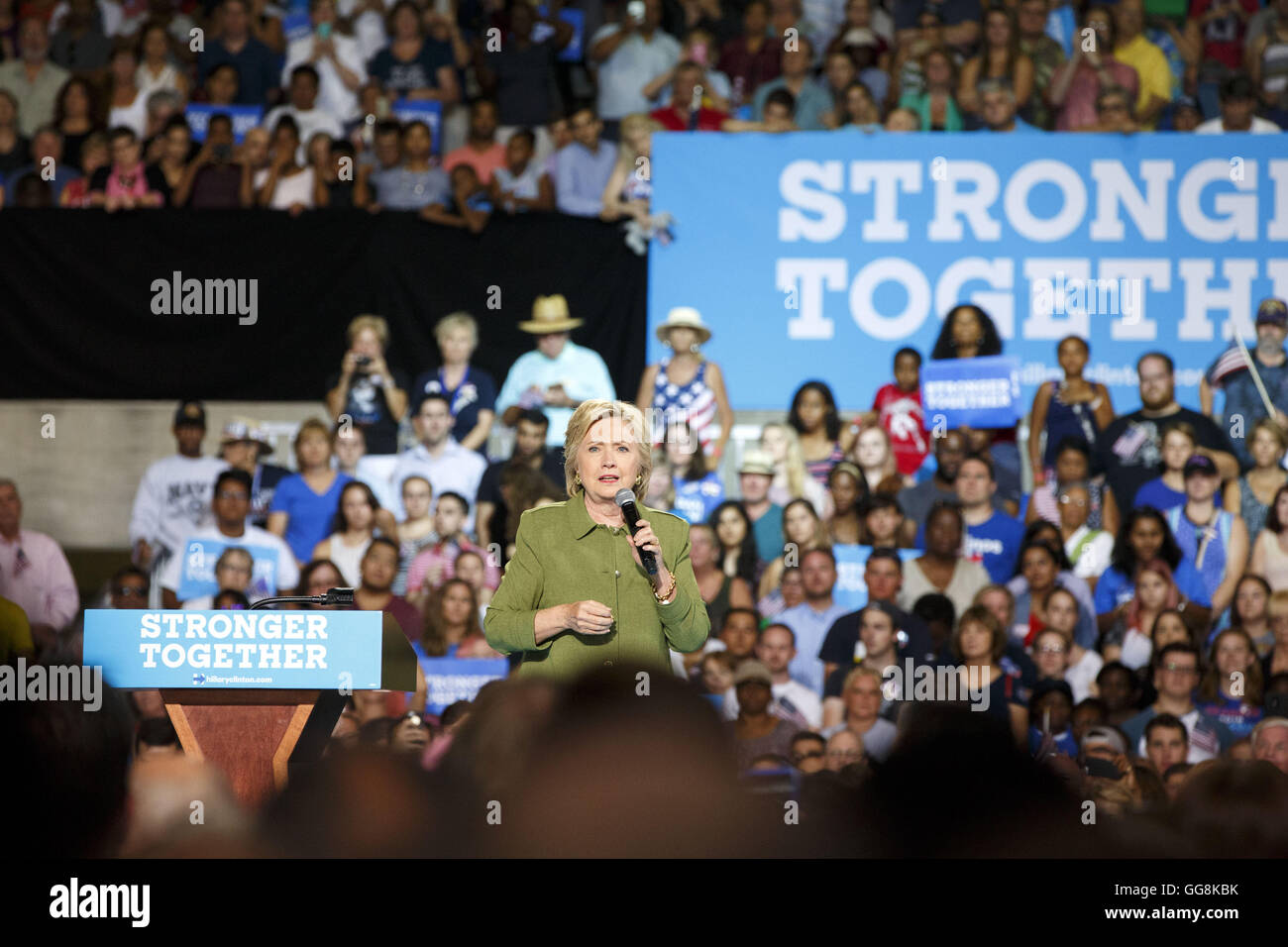 Tampa, Florida, USA. 22nd July, 2016. Hillary Clinton, presumptive 2016 Democratic presidential nominee, speaks during a campaign event in Tampa, Florida, U.S., on Friday, July 22, 2016. Clinton unveiled her choice of a running mate Friday night, seeking to recapture the attention of voters. © 2016 Patrick T. Fallon © Patrick Fallon/ZUMA Wire/Alamy Live News Stock Photo