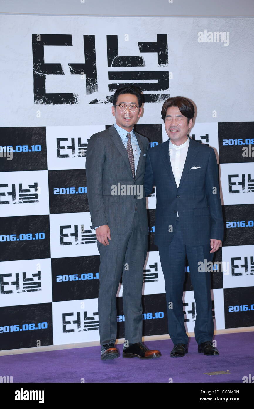 Seoul, Korea. 03rd Aug, 2016. Jung woo Ha and Oh Dal soo attend the press premiere of Tunnel in Seoul, Korea on 03th August, 2016.(China and Korea Rights Out) © TopPhoto/Alamy Live News Stock Photo