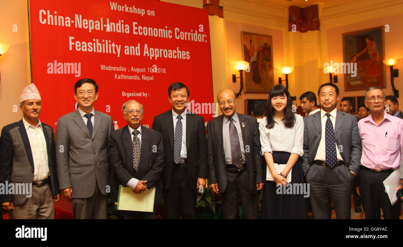 (160810) -- KATHMANDU, Aug. 10, 2016 (Xinhua) -- Chinese Ambassador to Nepal Wu Chuntai (2nd L), and Ji Zhiye (4th L), president of China Institutes of Contemporary International Relations (CICIR), pose for a photo with other participants during the one-day workshop organized by China Study Center on 'China-Nepal-India Economic Corridor: Feasibility and Approaches' in Kathmandu, Nepal, on Aug. 10, 2016. The establishment of a China-Nepal-India economic corridor will help secure economic prosperity of the entire Asian region through enhancing cooperation on trade, tourism, energy and connectivi Stock Photo