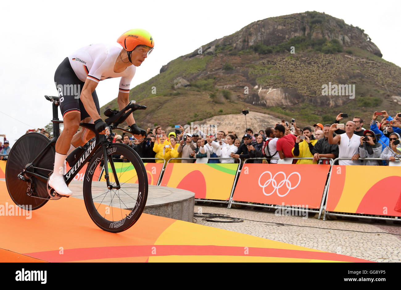 Rio de Janeiro, Brazil. 10th Aug, 2016. Tony Martin of Germany at the start of the men's Individual Time Trial of the Rio 2016 Olympic Games Road Cycling events at Pontal in Rio de Janeiro, Brazil, 10 August 2016. Photo: Sebastian Kahnert/dpa/Alamy Live News Stock Photo