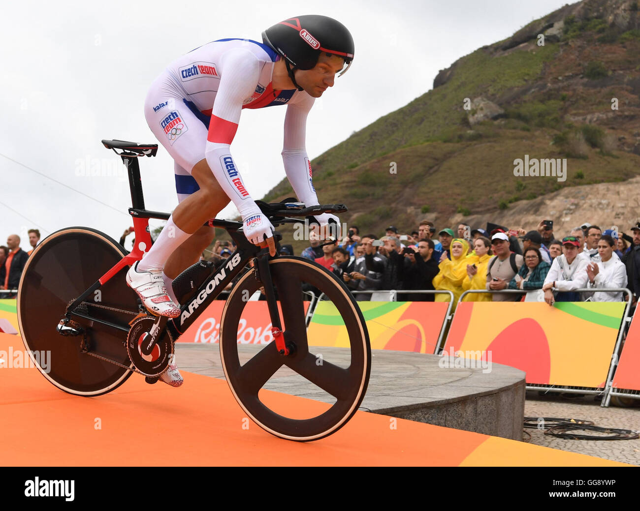 Rio de Janeiro, Brazil. 10th Aug, 2016. Jan Barta of Czech Republic at the start of the men's Individual Time Trial of the Rio 2016 Olympic Games Road Cycling events at Pontal in Rio de Janeiro, Brazil, 10 August 2016. Photo: Sebastian Kahnert/dpa/Alamy Live News Stock Photo