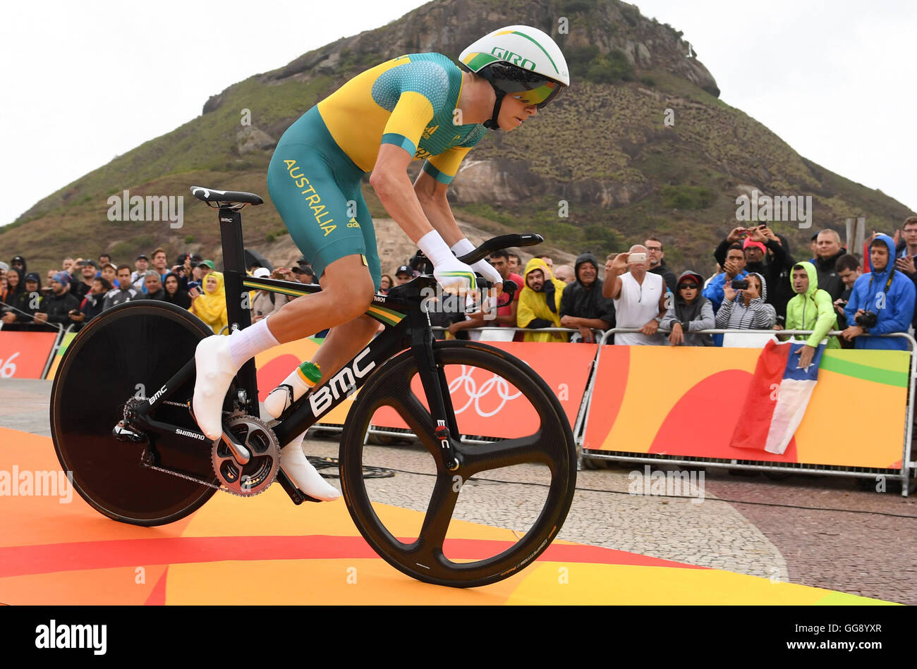 Rio de Janeiro, Brazil. 10th Aug, 2016. Dennis Rohan of Australia at the start of the men's Individual Time Trial of the Rio 2016 Olympic Games Road Cycling events at Pontal in Rio de Janeiro, Brazil, 10 August 2016. Photo: Sebastian Kahnert/dpa/Alamy Live News Stock Photo