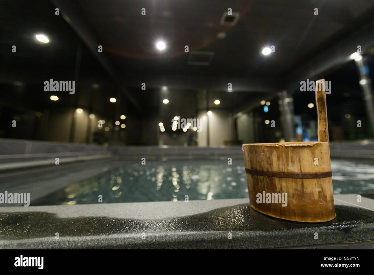 Anshin Oyado luxury capsule hotel located within 3-minutes of the busy Shinjuku station on August 7, 2016, Tokyo, Japan. The new take on the traditional Japanese capsule hotel offers larger capsules, free artificial hot springs & mist sauna, internet cafe and Wi-Fi. This hotel is male only and rates start at 5480 yen (54USD). Each of the hotel's 256 capsules is equipped with fire alarm, air conditioner, tablet computer and flat-screen TV. Public areas such as the hot springs bath, laundromat, clothing shop and snack and drinks vending machines are open 24 hours. The hotel's website is in Chine Stock Photo