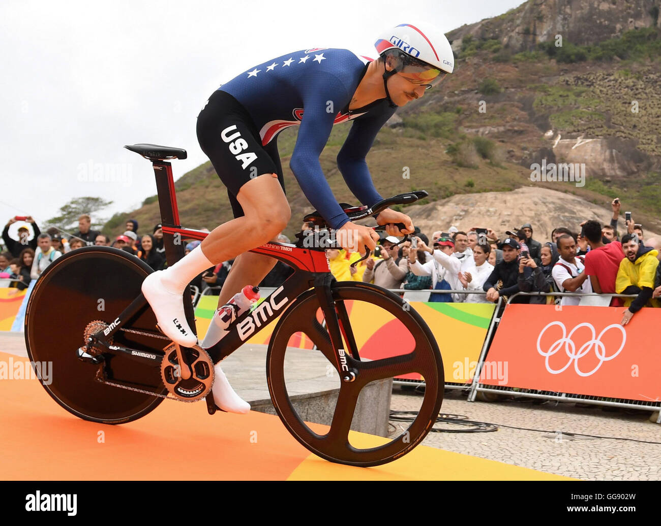 Rio de Janeiro, Brazil. 10th Aug, 2016. Taylor Phinney of the USA at the start of the men's Individual Time Trial of the Rio 2016 Olympic Games Road Cycling events at Pontal in Rio de Janeiro, Brazil, 10 August 2016. Photo: Sebastian Kahnert/dpa/Alamy Live News Stock Photo