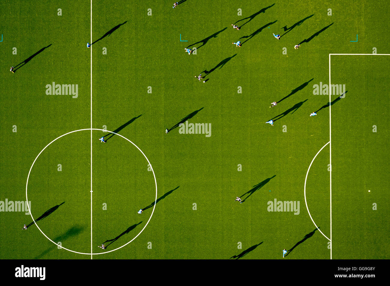 Aerial view, artificial turf at the Evastraße Lütgendortmund, warm up training before the Sunday football game, soccer field, Stock Photo