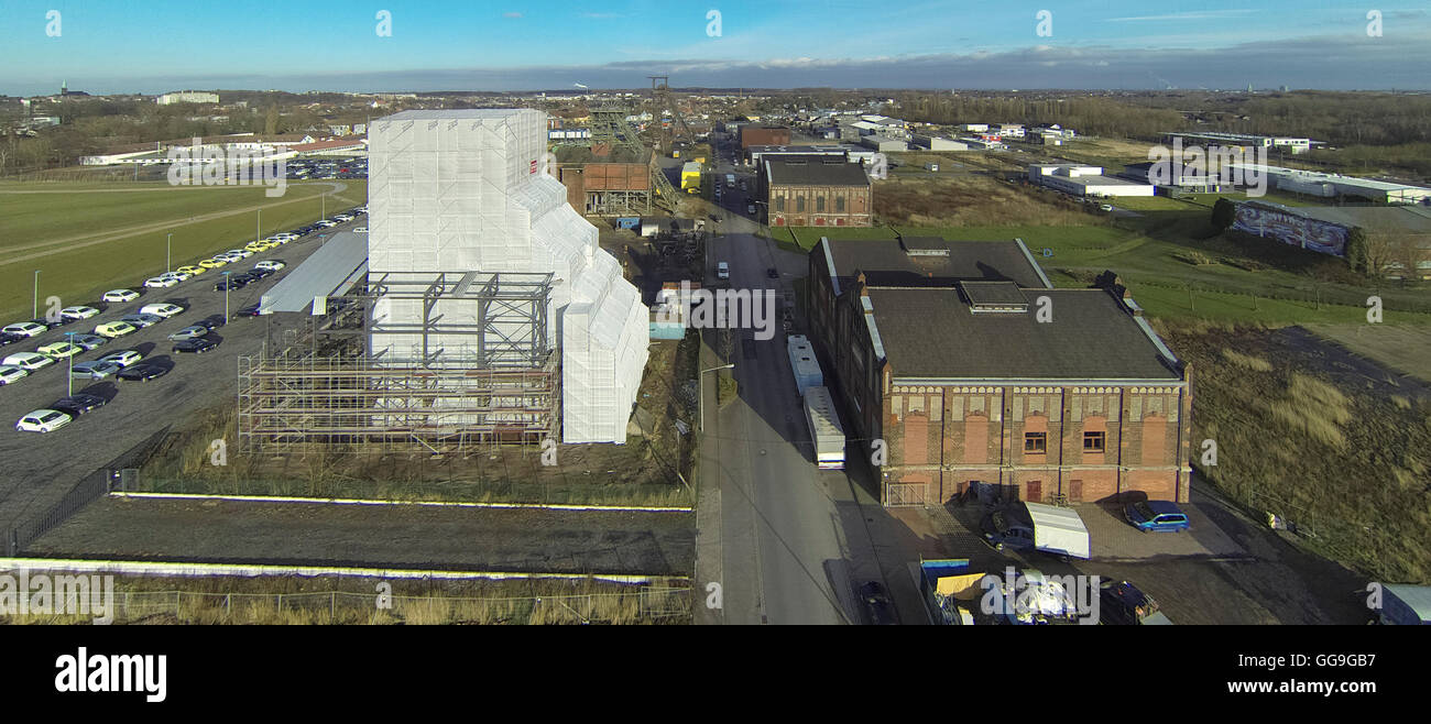 Aerial view, colliery towers of the former Radbod, restoration, Radbod Business Park, Aerial view of Hamm, Hamm, Stock Photo