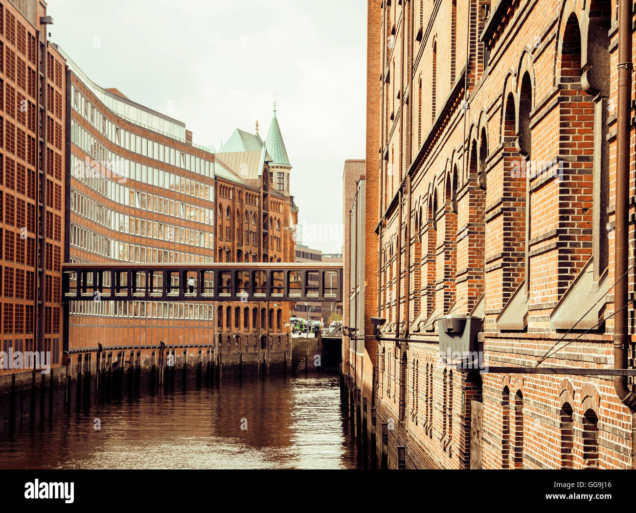 Post card view amber house in Germany Hamburg, european street Stock