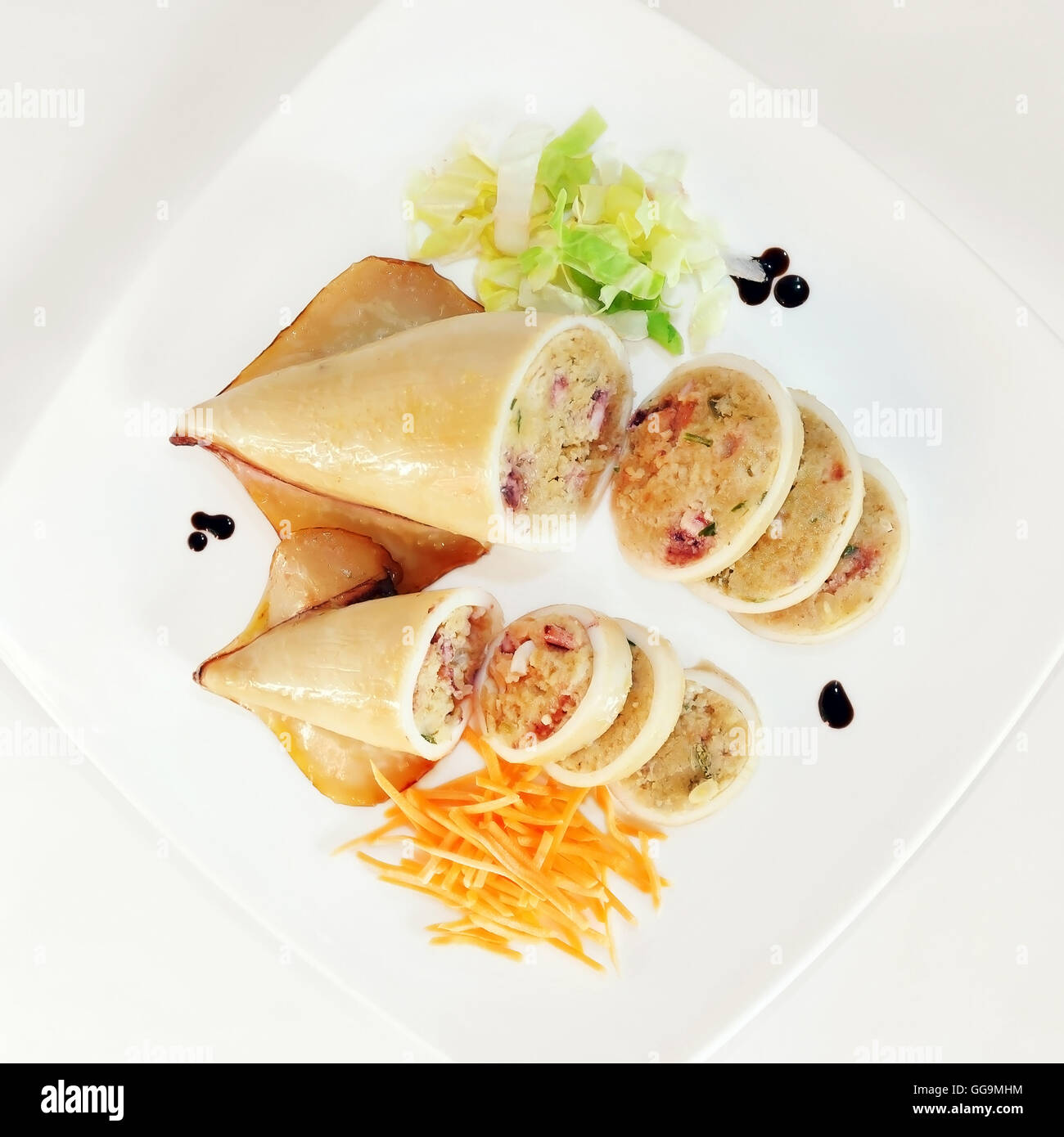 squid stuffed with prepared stuffing and baked. photographed in the