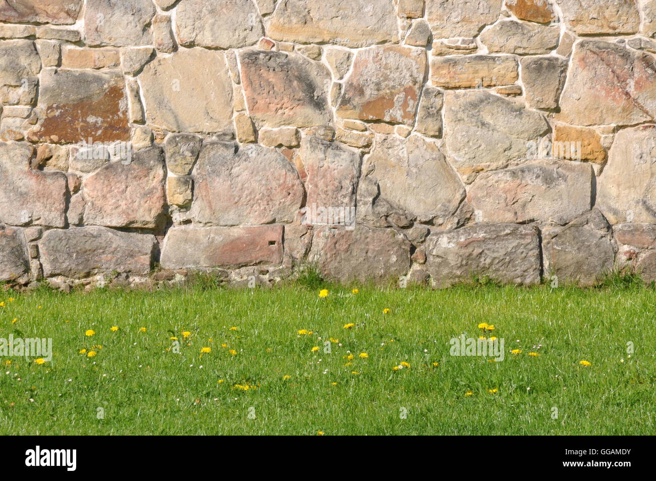Stone wall with green grass Stock Photo - Alamy