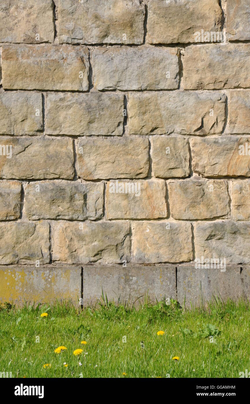 Stone wall with green grass Stock Photo - Alamy