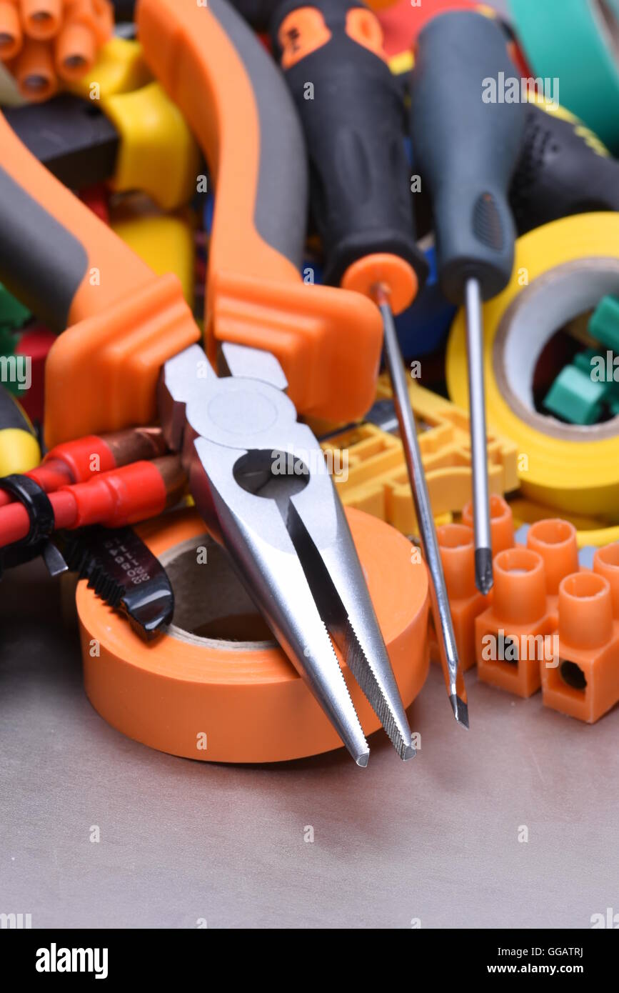 Tools and accessories used in electrical installations Stock Photo Alamy