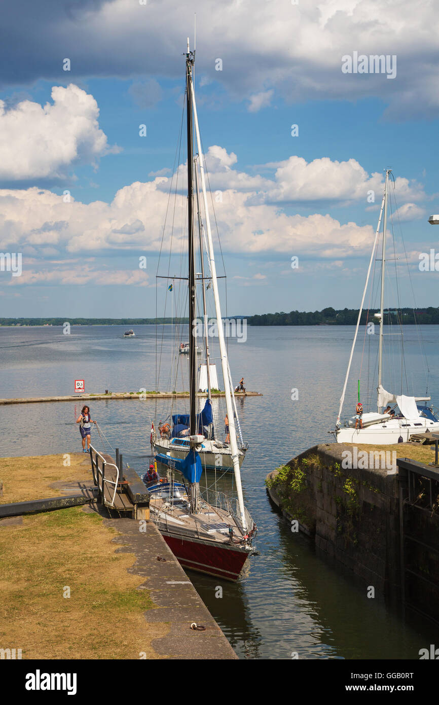 MOTALA SWEDEN July 25, 2016. Borenshults locks, Gota Canal. The canal's second largest locks. It consists of five interconnected Stock Photo