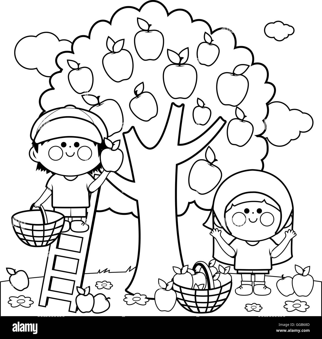 Kids harvesting apples coloring book page. Stock Vector