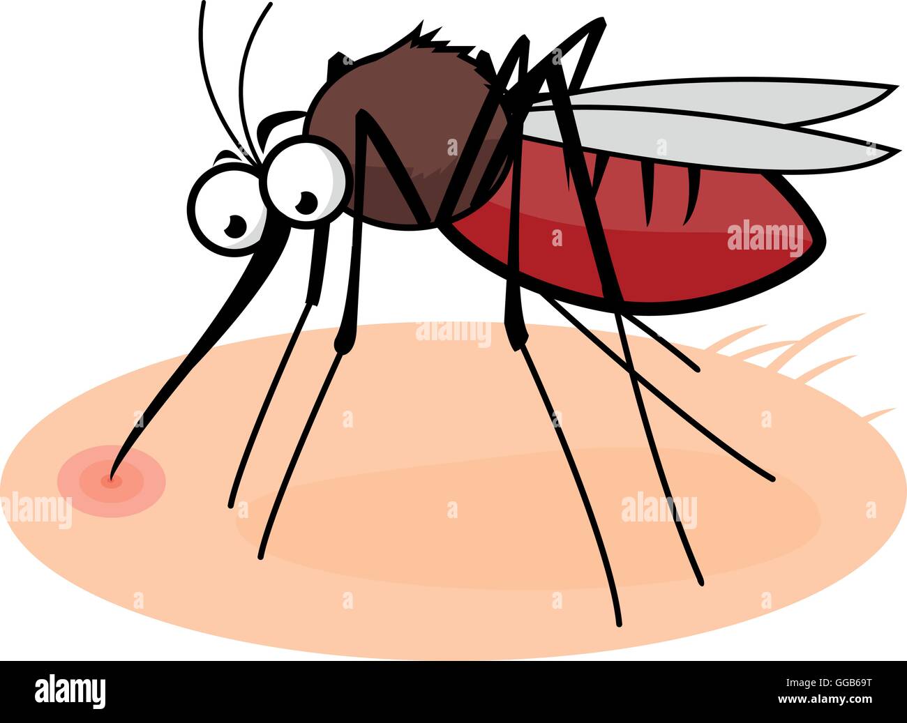 A cartoon mosquito on human skin sucking blood. Funny insect gnat ...