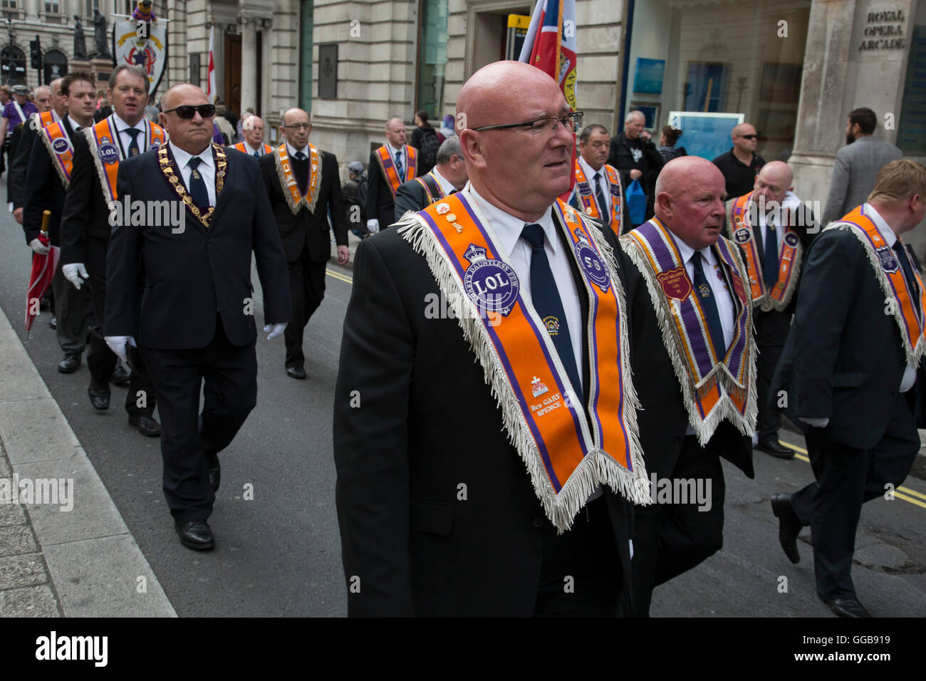 Orangemen from the Grand Orange Lodge of England, Parade to mark H.M. The Queen’s 90th Birthday on June 16th 2016 in London, United Kingdom. The Loyal Orange Institution, more commonly known as the Orange Order, is a Protestant fraternal organisation based primarily in Northern Ireland. Stock Photo