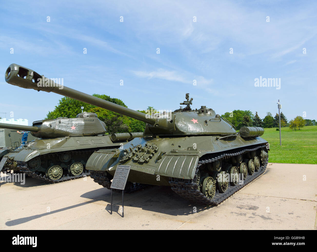Minsk, Belarus - July 17, 2016: exhibition of military equipment since World War II near the memorial complex "Hill of Glory" in Stock Photo