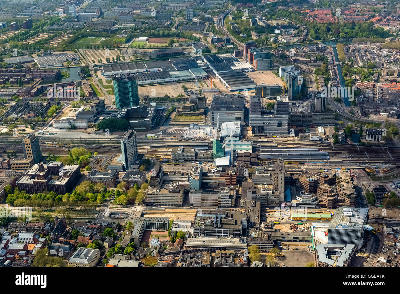 Aerial view, downtown Utrecht, Overview Central Station Utrecht, Utrecht, Utrecht, Netherlands, Europe, Aerial view, Stock Photo