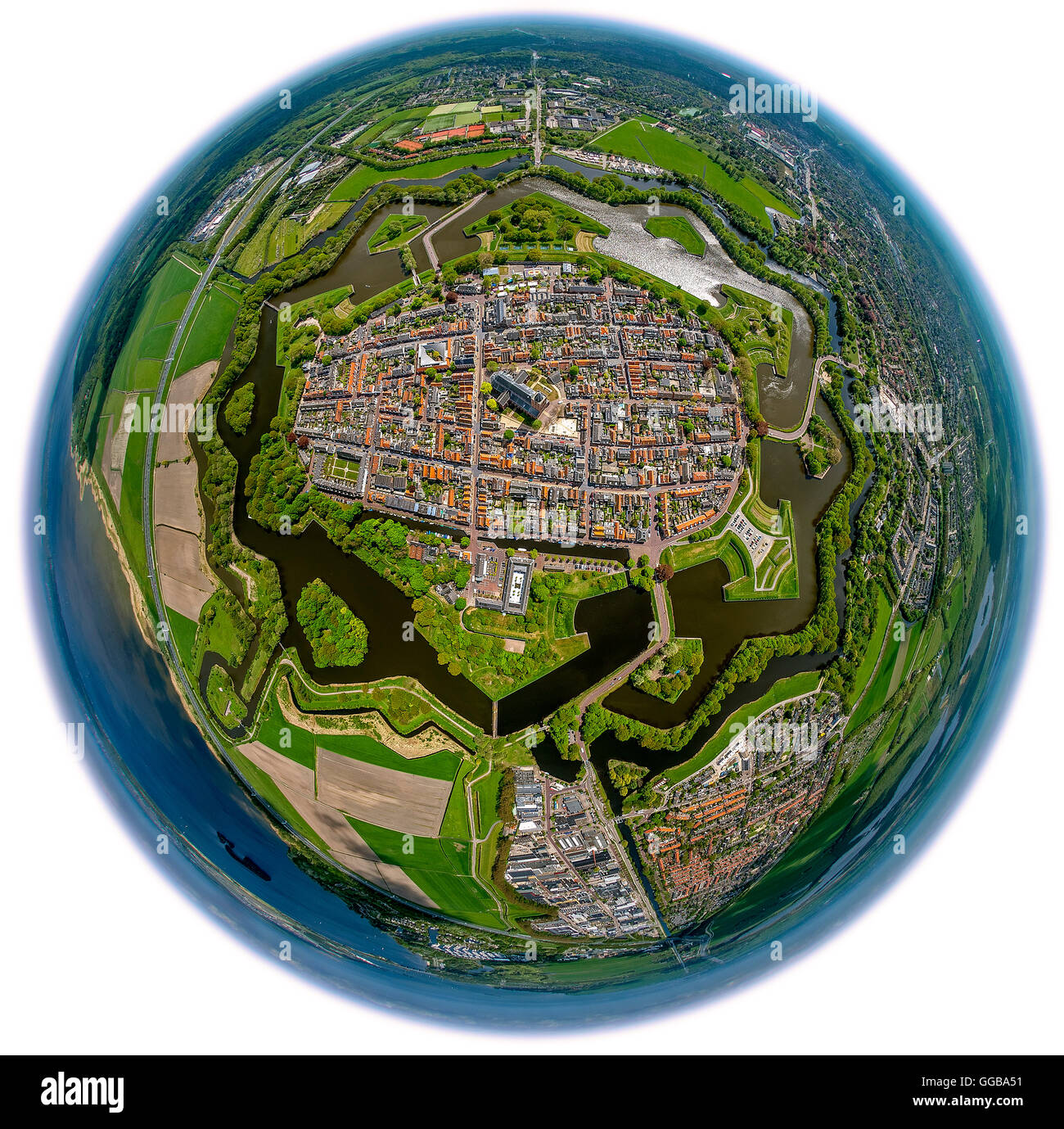 Aerial view, Bastion Oud Molen, Naarden VESTING, fisheye, Fortress of