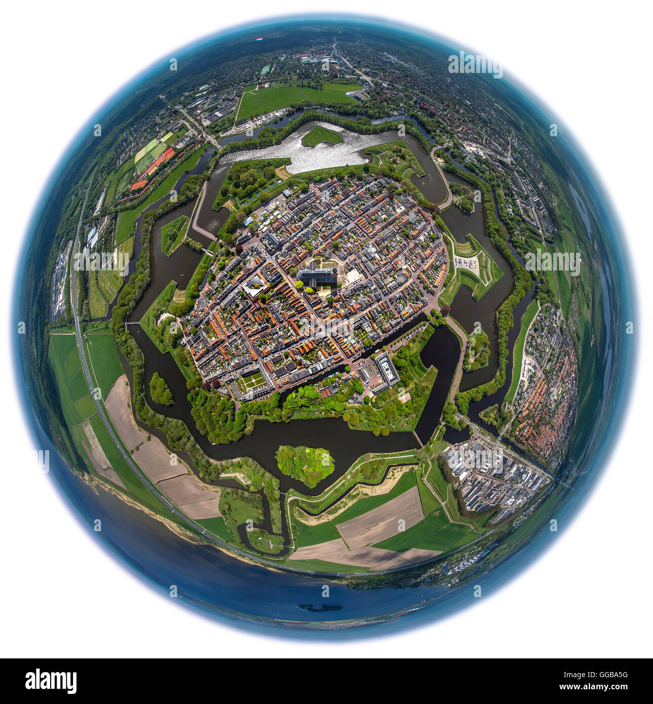 Aerial view, Bastion Oud Molen, Naarden VESTING, fisheye, Fortress of Naarden with townhouse and Church,Great Church or St.Vitus Stock Photo