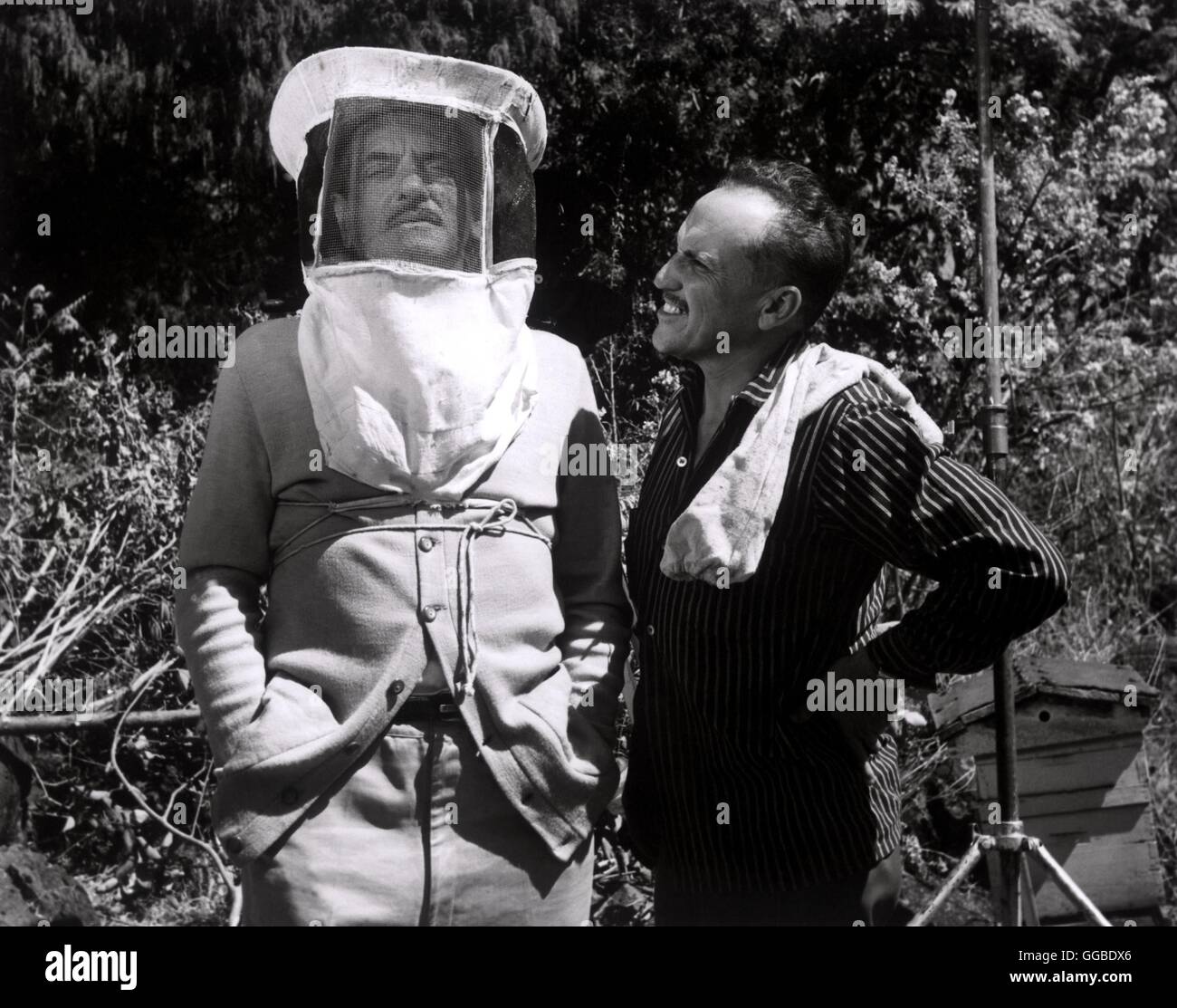 THE YOUNG ONE La Joven Mexiko/USA 1960 Luis Bunuel ' Man from outer space ' says Cinematographer GABRIEL FIGUEROA (right) of Director LUIS BUNUEL who tries on a bee protection mask during the shooting of 'The Young One / La Joven' (1960). Regie: Luis Bunuel aka. La Joven Stock Photo