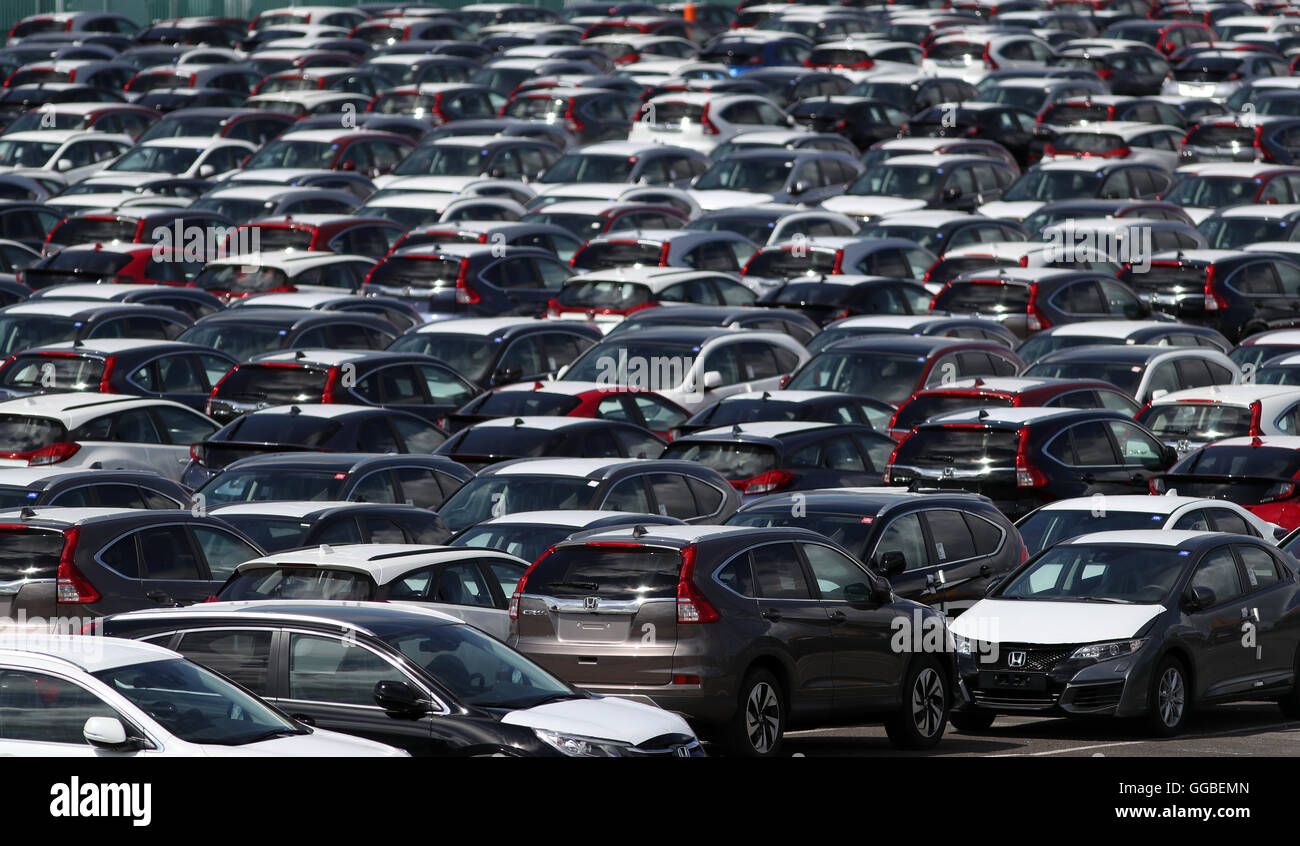 General view of new Honda cars at Southampton Docks, as car sales have