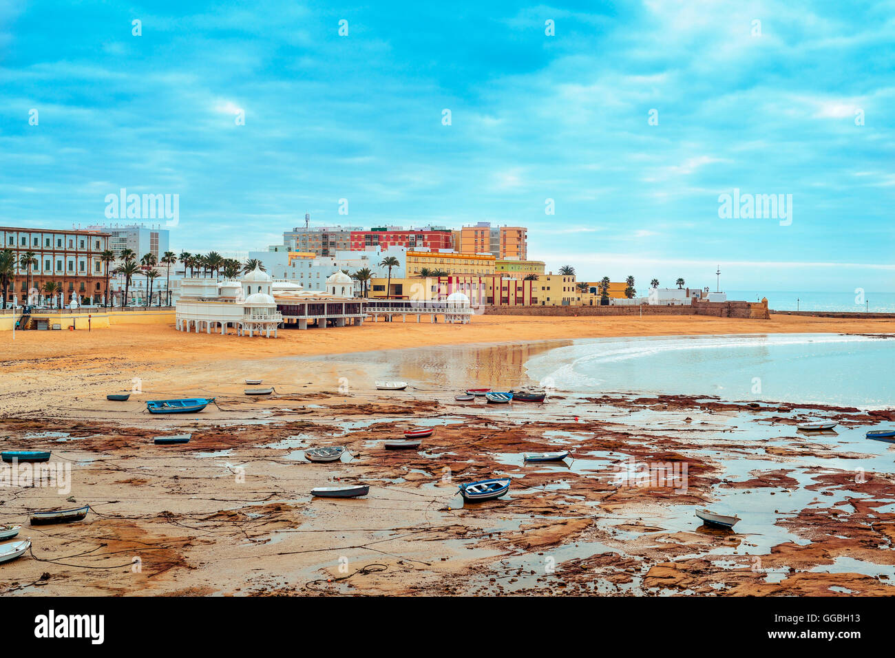 a panoramic view of La Caleta Beach in Cadiz, Spain, in the Mediterranean sea Stock Photo
