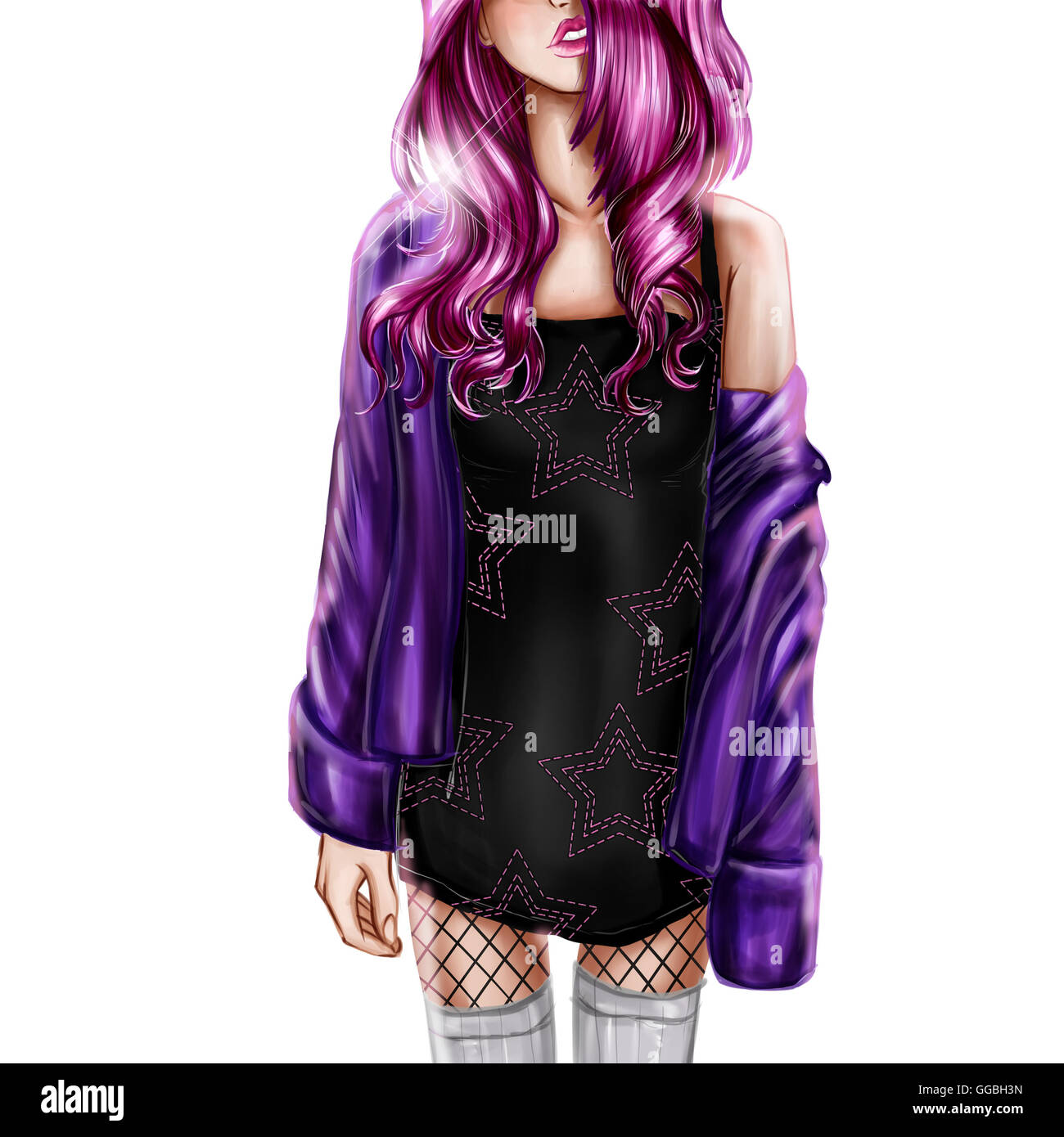 Digital Illustration of girl with pink hair Stock Photo
