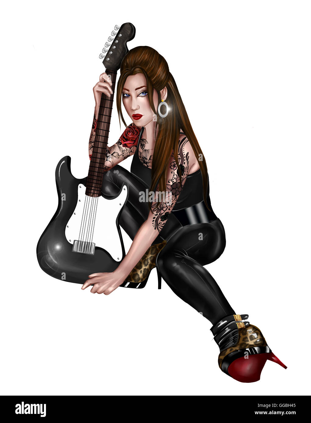 DIGITAL ILLUSTRATION OF A BEAUTIFUL GIRL WITH ELECTRIC GUITAR Stock Photo