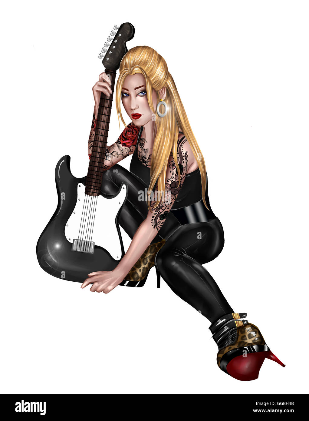 DIGITAL ILLUSTRATION OF A BEAUTIFUL GIRL WITH ELECTRIC GUITAR Stock Photo