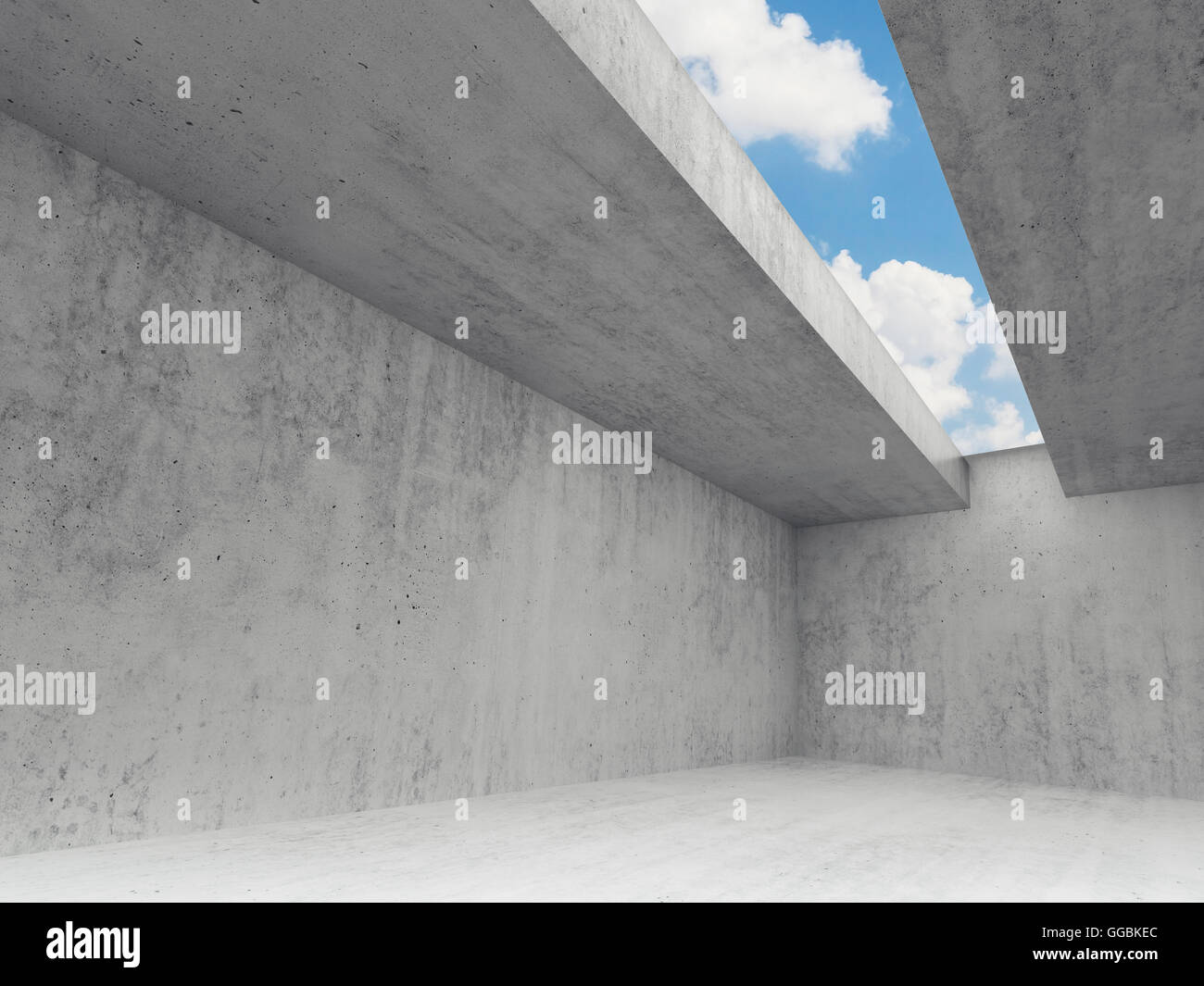 Empty room interior with concrete walls and blue sky in ceiling window ...