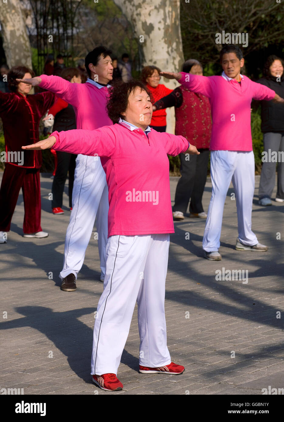 Senior woman practicing Tai Chi in Fuxing park in Shanghai , China Stock Photo