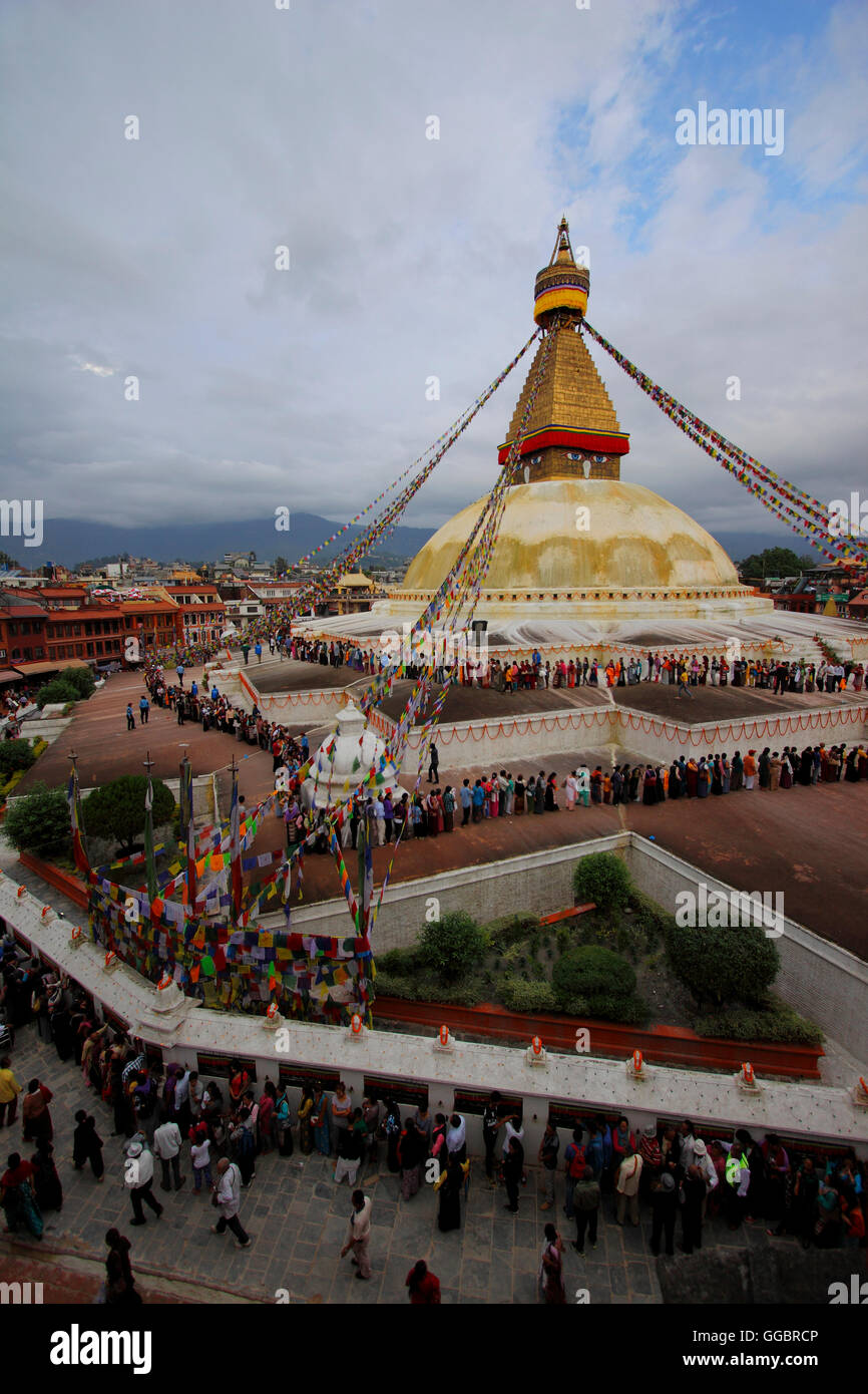 The Buddhist stupa of Boudhanath. The ancient Stupa is one of the largest in the world.  As of 1979, Boudhanath is a UNESCO Worl Stock Photo