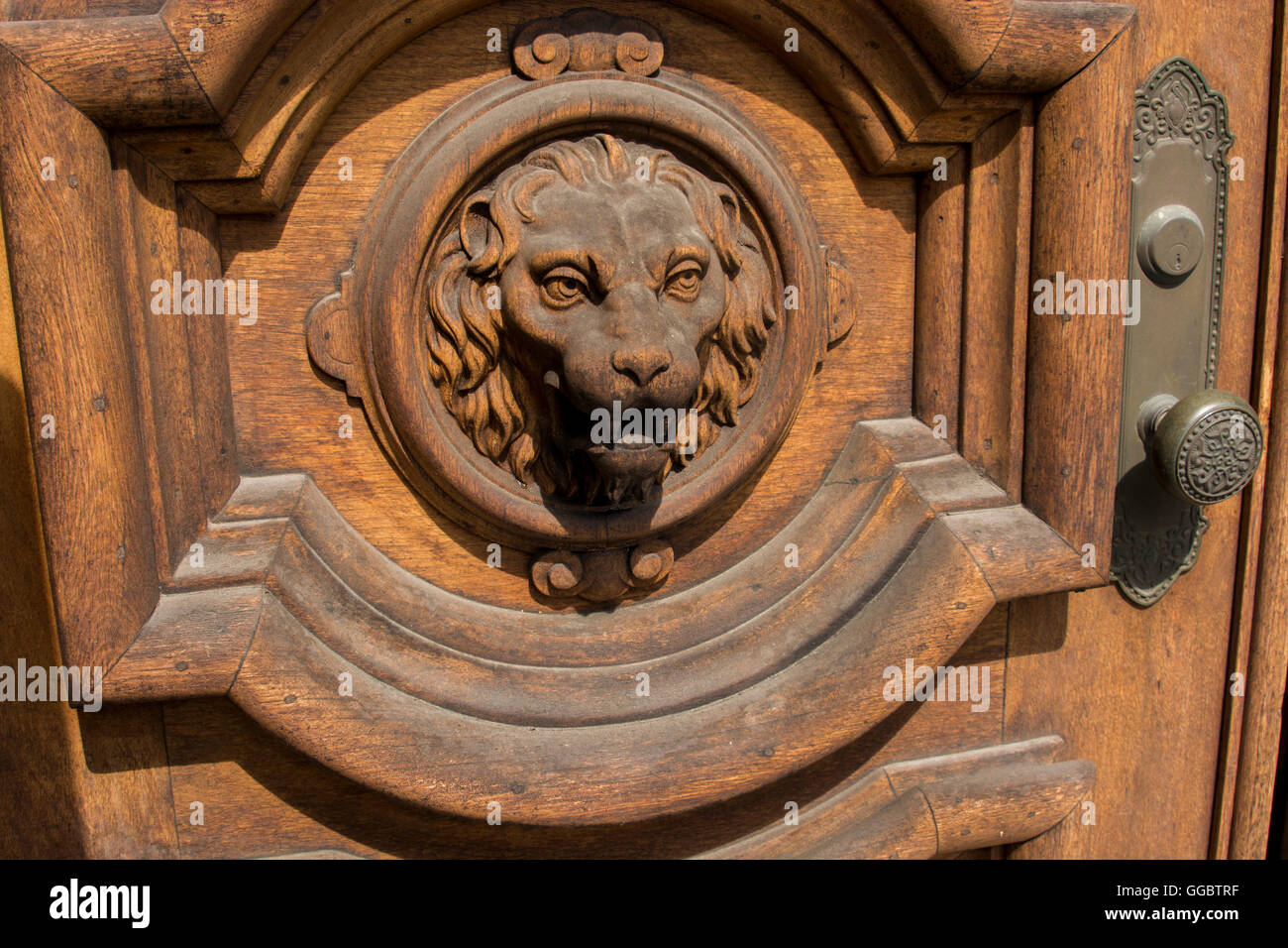 New York. Detail of carved wooden front door lion decoration Stock