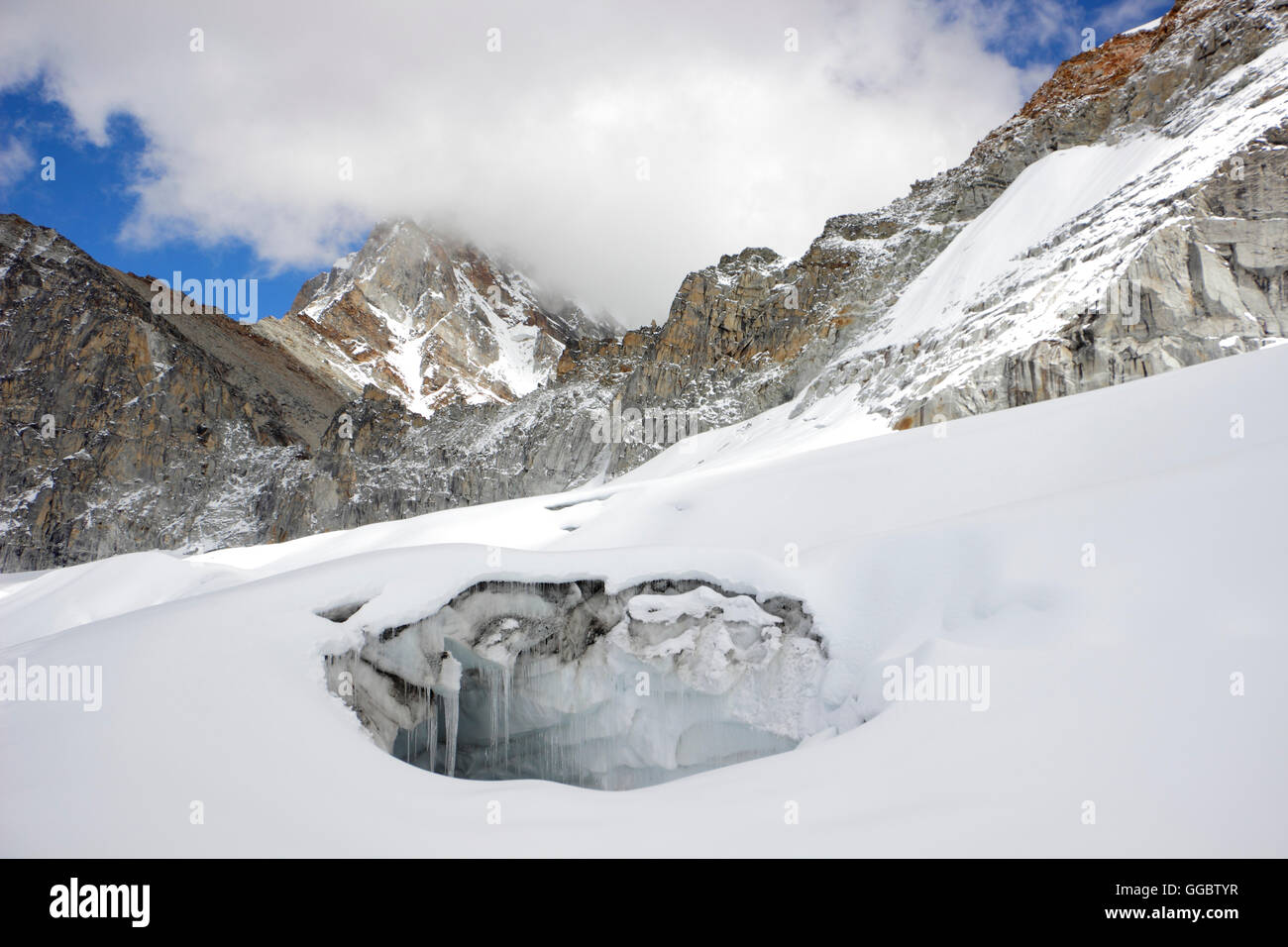 Crevice in snow on route to Mera peak high camp - Mera La Stock Photo