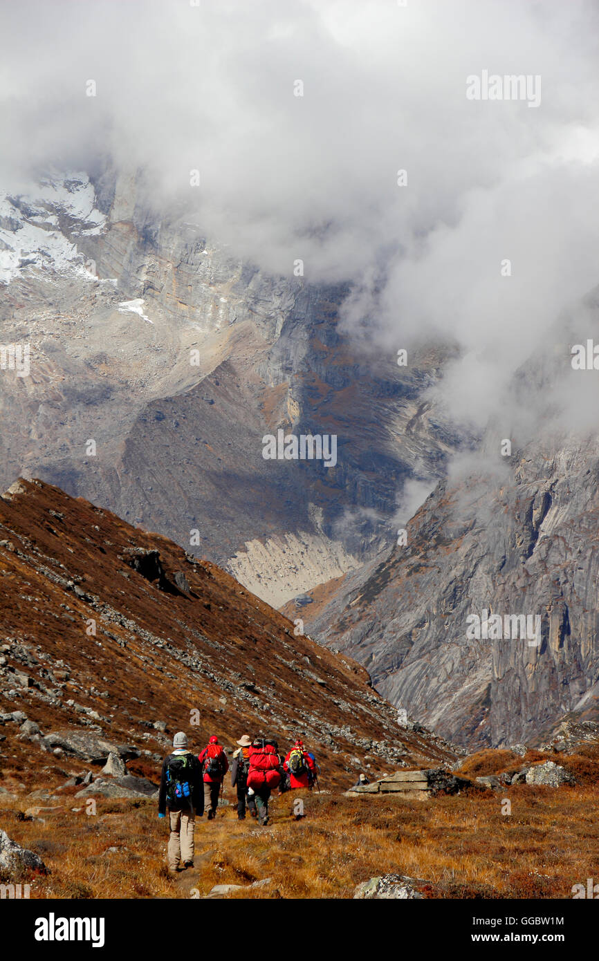 View of climbers on route to Tangnag from Khare  -  Hinku Valley Stock Photo