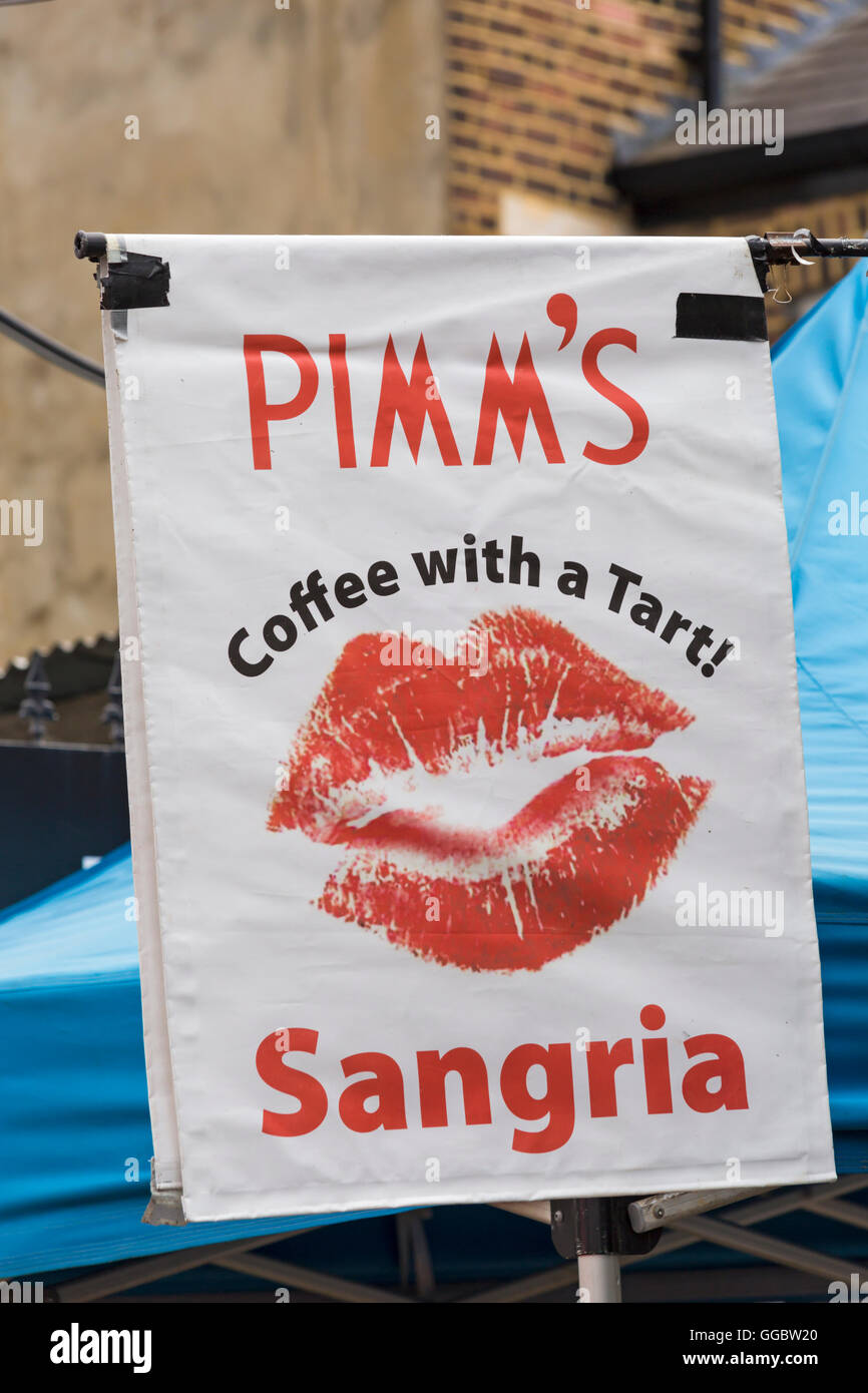 Pimm's coffee with a tart Sangria poster at Columbia Road market place, London UK in July Stock Photo