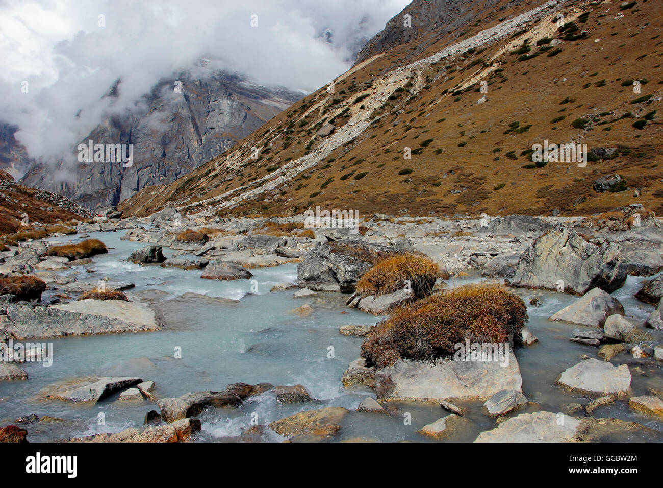View of mountain river along  route to Tangnag from Khare  -  Hinku Valley Stock Photo