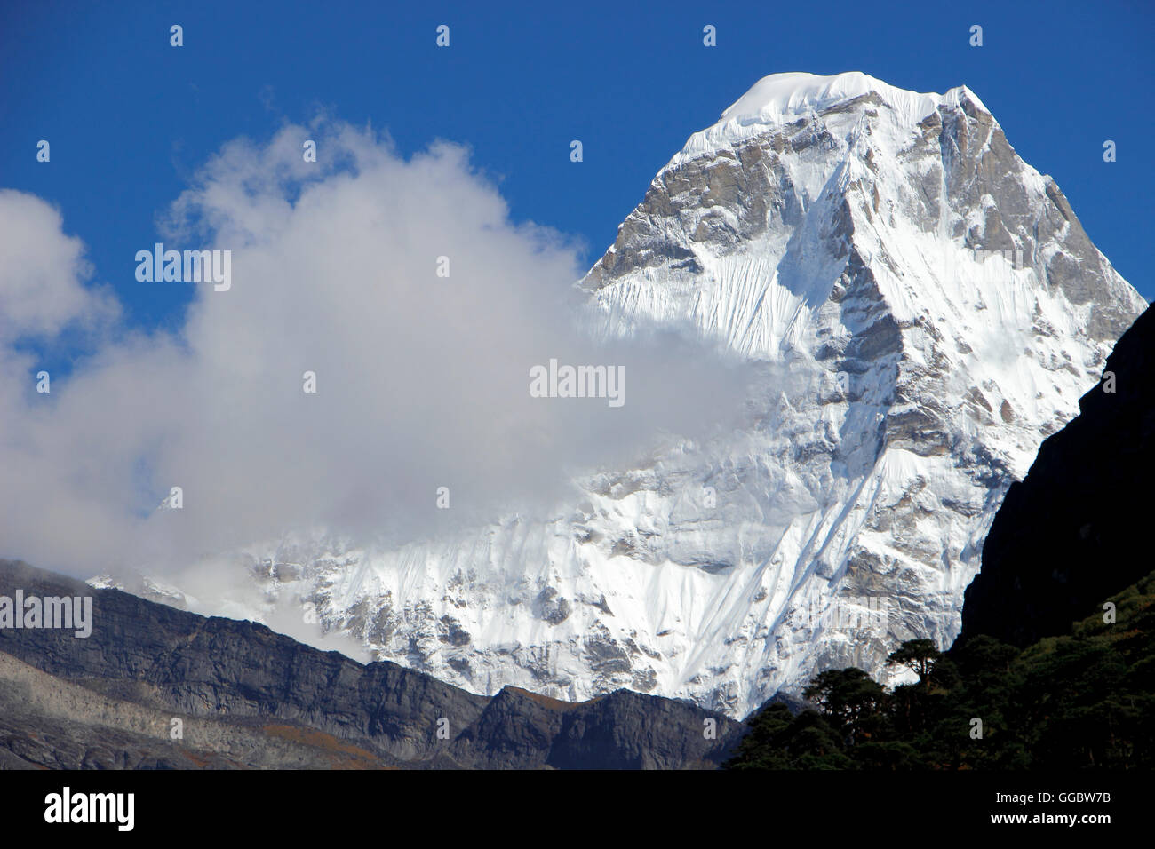 View of Kusom Khangkaru ( Charpata holy Mountain) - on route Tangnag-Hinku valey Stock Photo